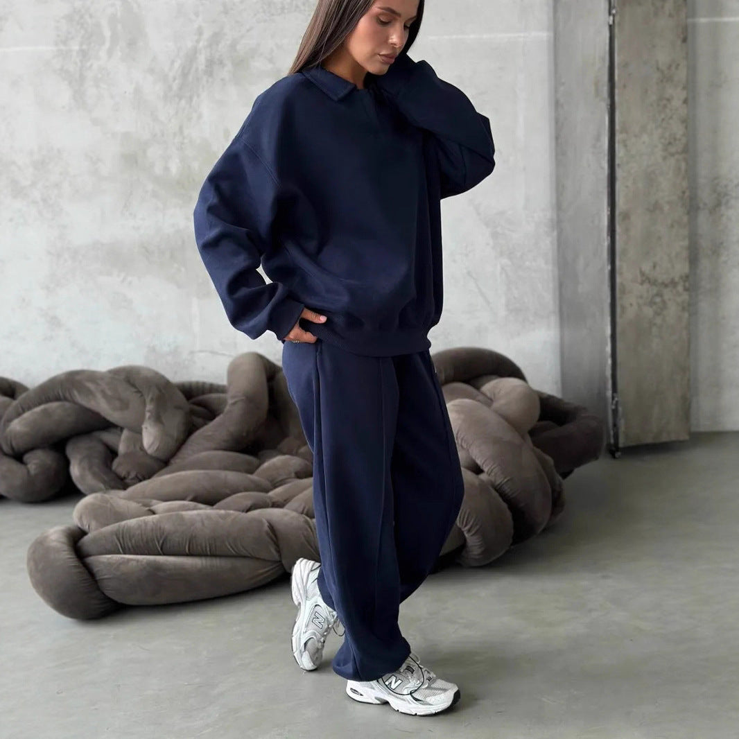 Damen Relaxed Polo-Sweatshirt mit V‑Notch und geraffter Tunnelzug-Jogginghose – Avérine