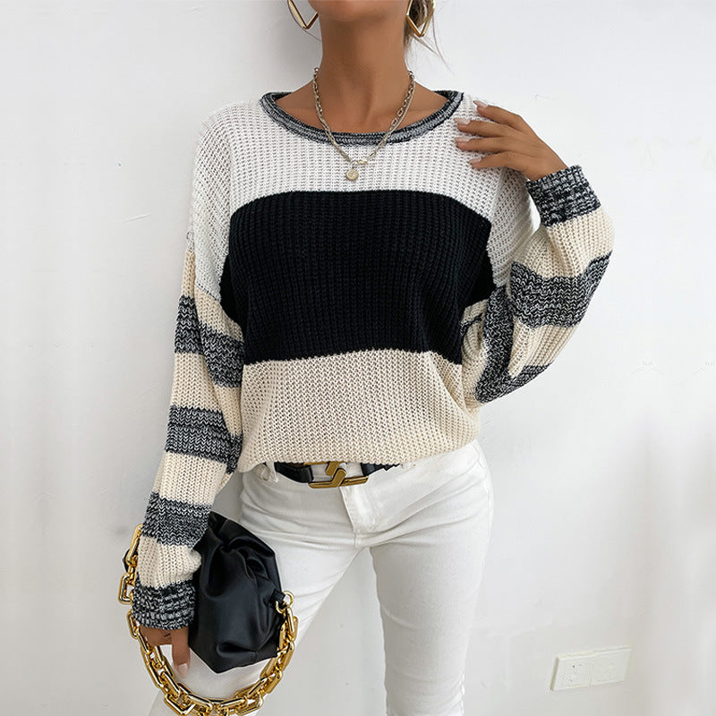 Damen Oversize Strickpullover mit grobem Rippstrick, Blockstreifen und weitem Rundhalsausschnitt Echoarchiv