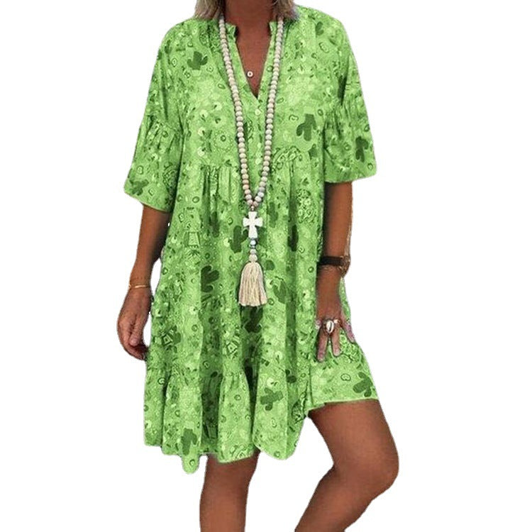 Damen nan A-Linien-Tunika-Minikleid mit V-Ausschnitt, stufigem Volant und Boho-Bandana-Print Echo Archiv