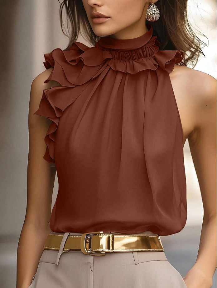 Damen Hochgeschlossenes Chiffon-Top mit Rüschenkragen und asymmetrischem Volant Echo Archiv