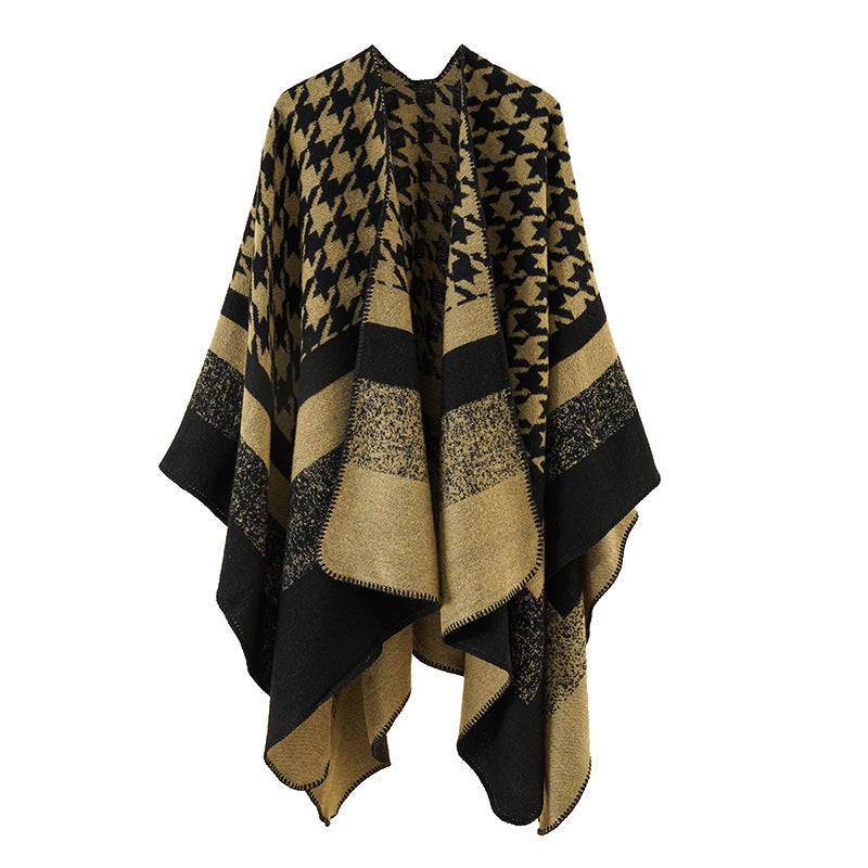 Damen Oversize‑Ruana‑Poncho aus Wollmix mit Hahnentritt- und Blockjacquard – Célinea