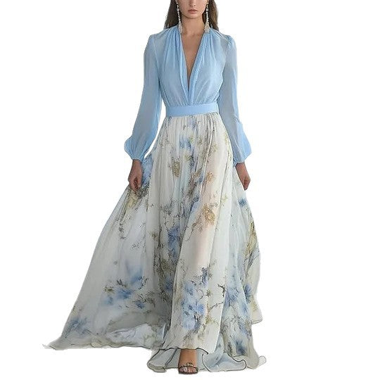 Damen nan fließendes Chiffon-Maxikleid mit tiefem V-Ausschnitt, tailliertem Bund und langem Glockenrock Echo Archiv