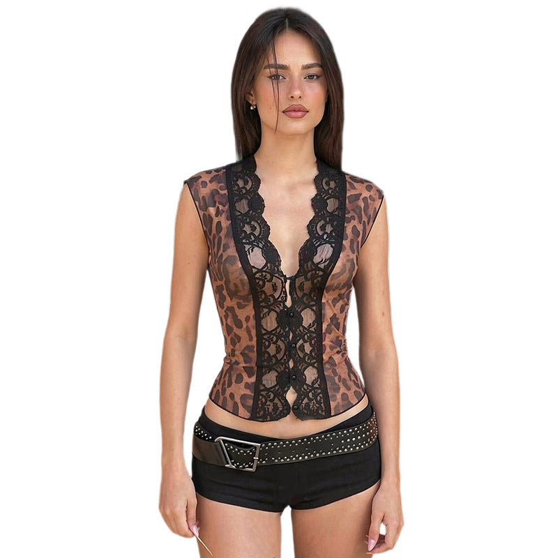 Damen Sexy Spitzenoberteil mit Leopardenmuster Echo Archiv
