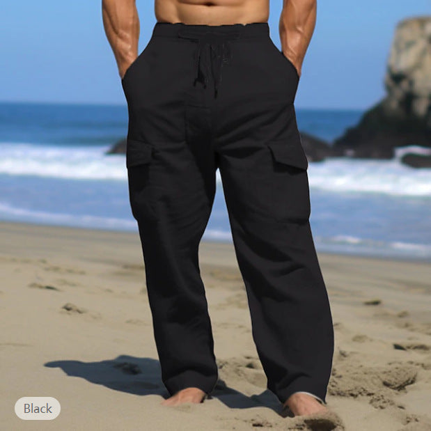 Herren weite Freizeit-Cargohose aus Leinenmix mit Tunnelzugbund, aufgesetzten Klappentaschen und entspanntem Strandfit – Bravaro