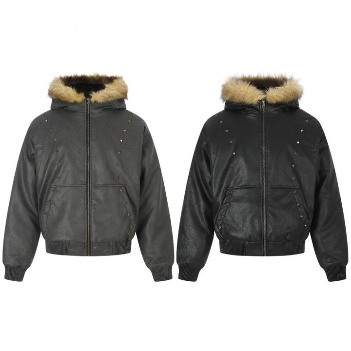 Damen Kapuzenjacke im Lederoptik mit Nietenbesatz, Kunstfellkragen und geripptem Saum Echo Archiv