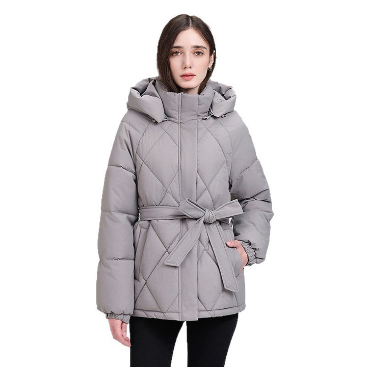 Damen nan luxuriöse kurze Pufferjacke mit integriertem Windschutzkragen und Taillengürtel Echo Archiv