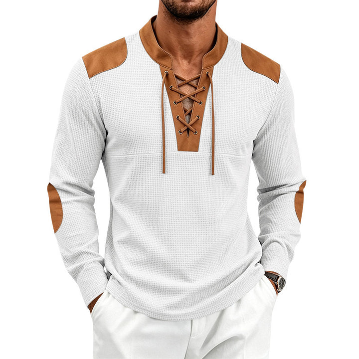 Herren Waffelstruktur-Henley mit Schnürkragen und Kunstleder-Patches – Marzano