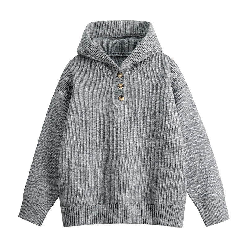 Damen Relaxed Kapuzenpullover aus geripptem Strick mit Halbsteg-Knopfleiste Echoarchiv