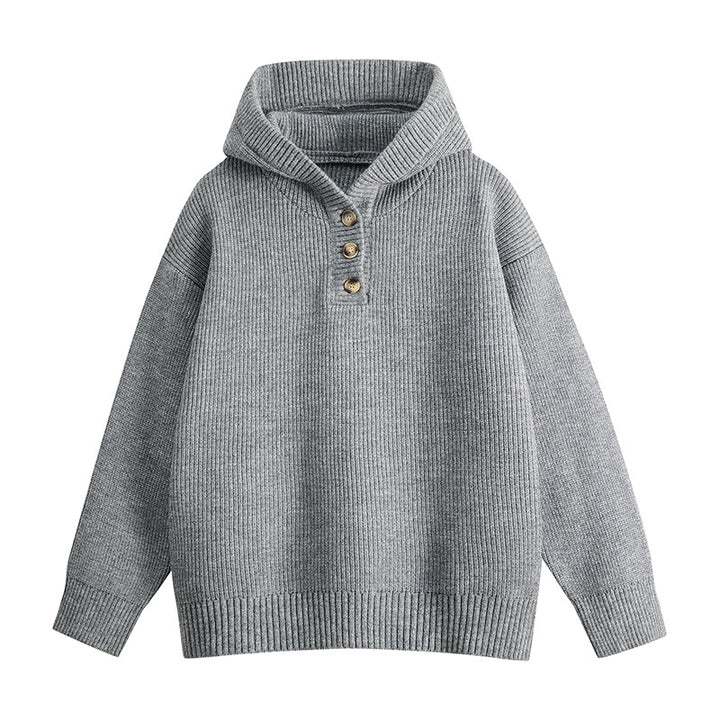 Damen Relaxed Kapuzenpullover aus geripptem Strick mit Halbsteg-Knopfleiste Echoarchiv