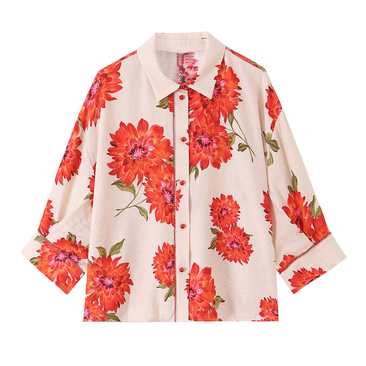 Damen Oversize-Bluse mit Blumenprint, durchgehender Knopfleiste und Dreiviertelärmeln Echoarchiv