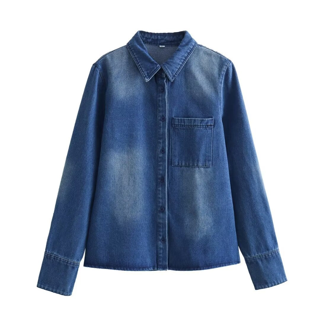 Damen leichte Vintage-Denim-Bluse im Relaxed-Fit mit aufgesetzter Brusttasche und durchgehender Knopfleiste – Maréline
