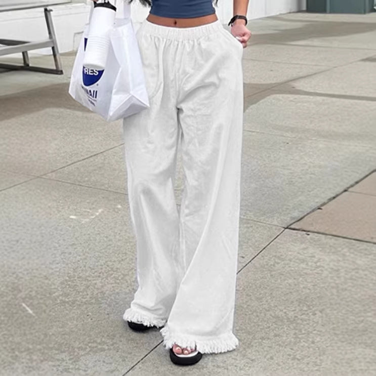 Damen Weite Straight‑Leg‑Hose mit elastischem Bund und Fransensaum Echo Archiv