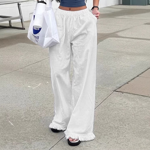 Damen Weite Straight‑Leg‑Hose mit elastischem Bund und Fransensaum Echo Archiv