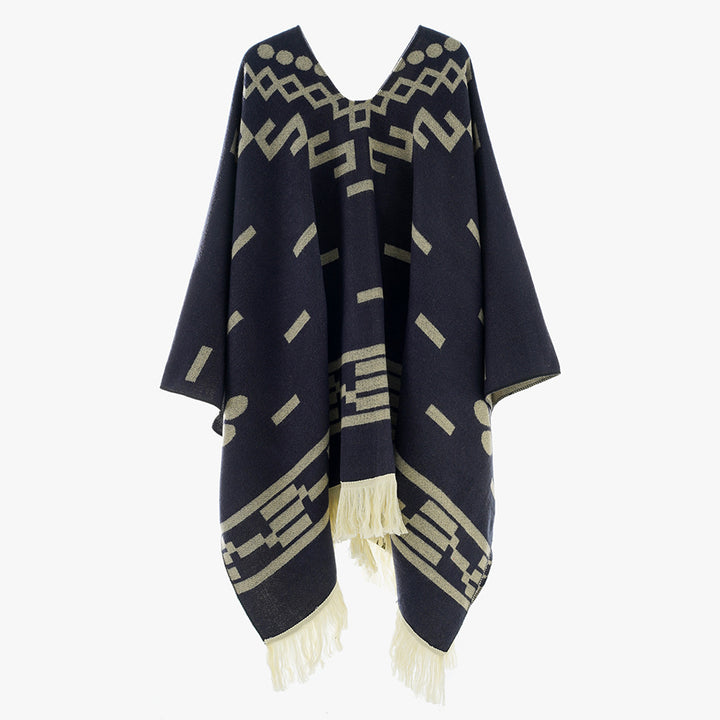 Damen V-Ausschnitt-Poncho im Jacquard-Strick mit Fransenabschluss Echo Archiv