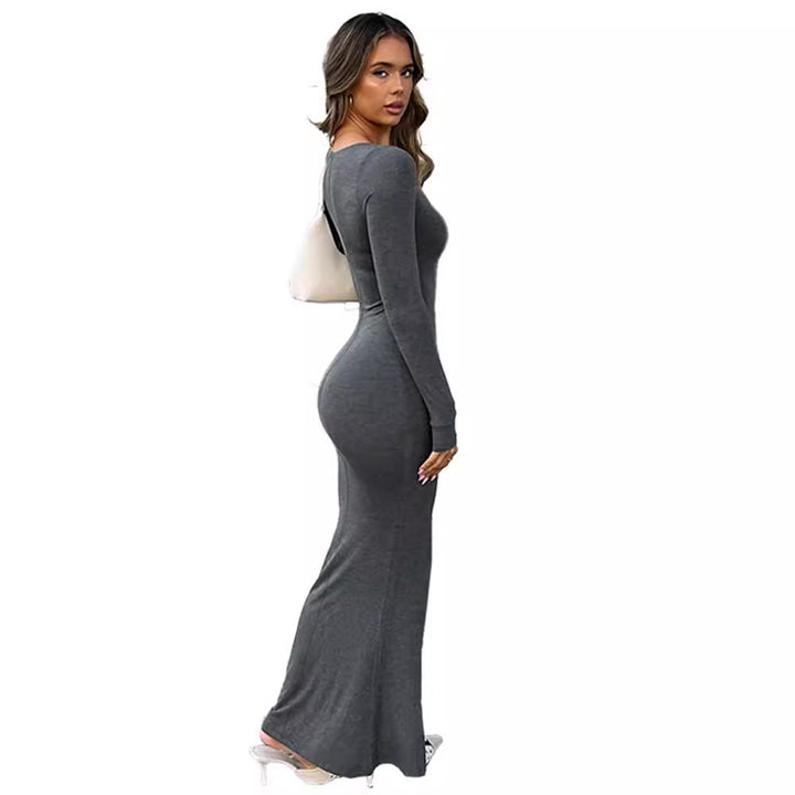 Damen Figurbetontes Stretch-Jerseykleid mit tiefem U-Boot-Ausschnitt und langen Ärmeln – Valéora
