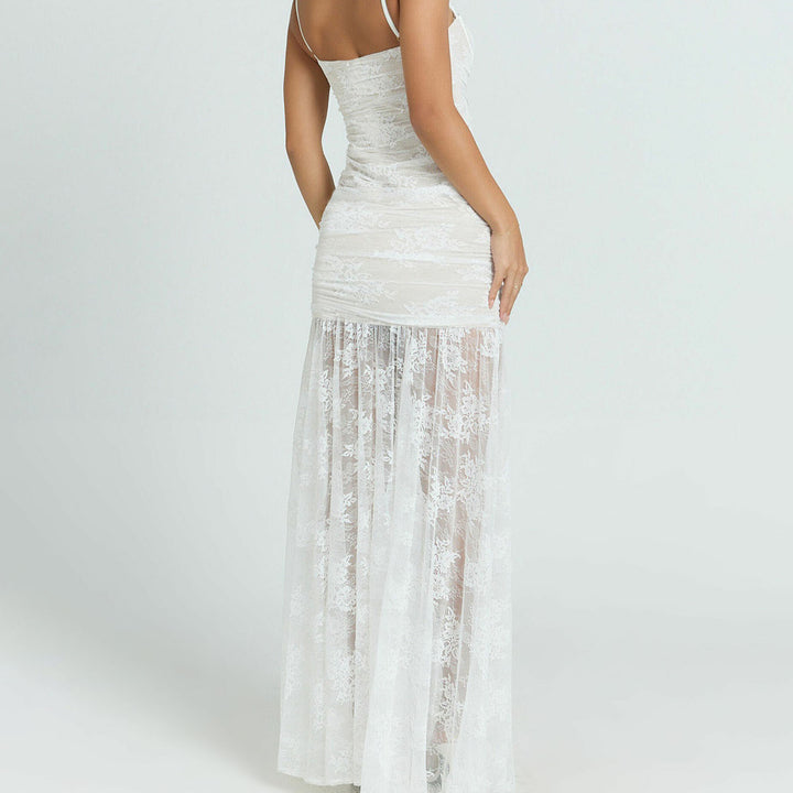Damen Spitzen-Midi-Kleid mit transparentem Futter und raffinierten Trägern Echo Archiv