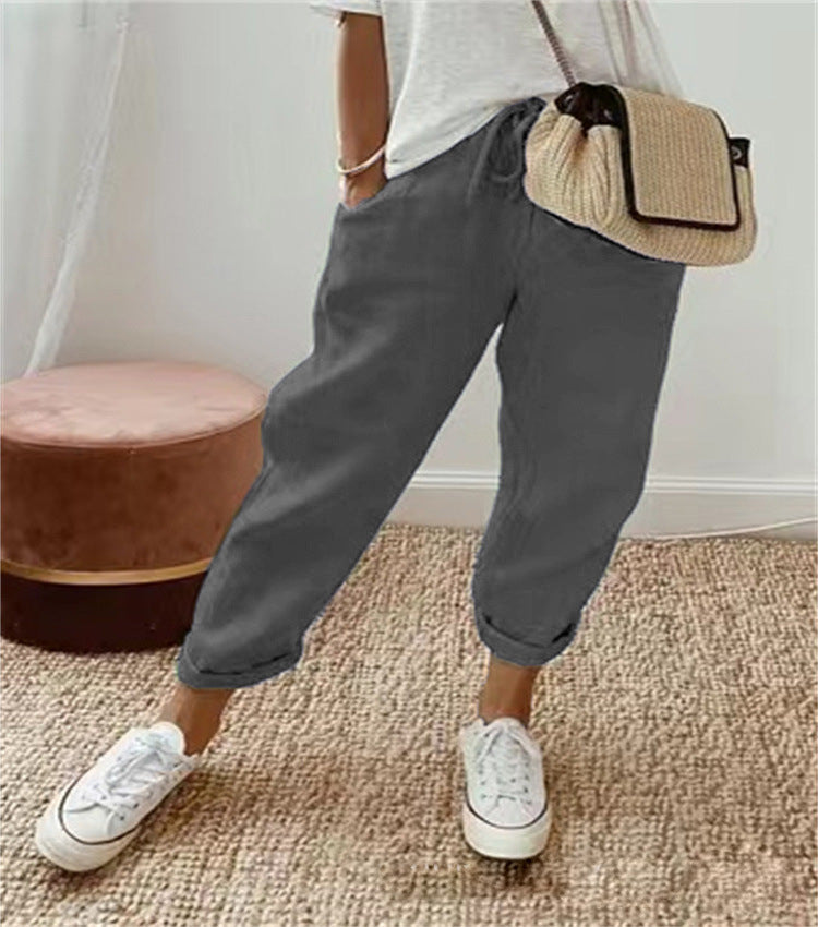 Damen nan leichte Leinenhose mit Kordelzug, lockerer Bundfalten-Passform und gekrempeltem Knöchelabschluss Echo Archiv