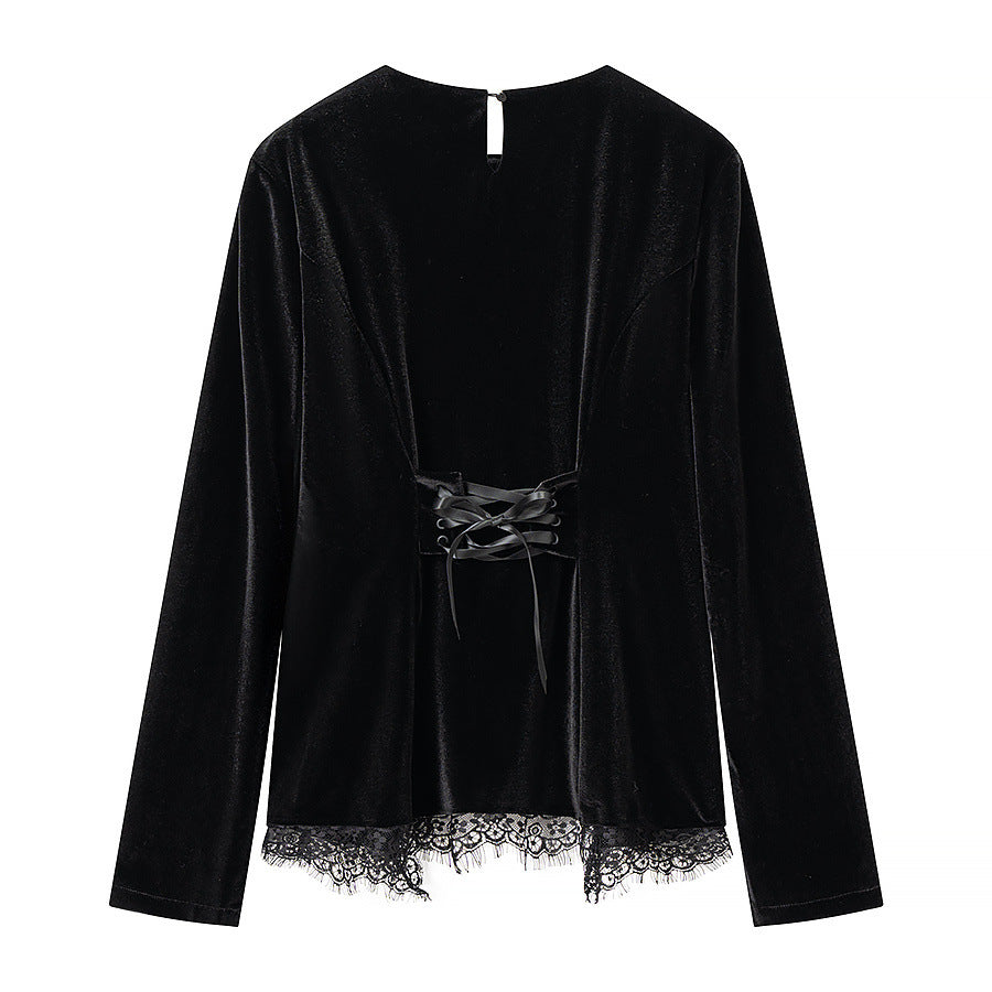 Damen Samtshirt mit asymmetrischem Spitzen-Saum und Schlitzdetail Echo Archiv