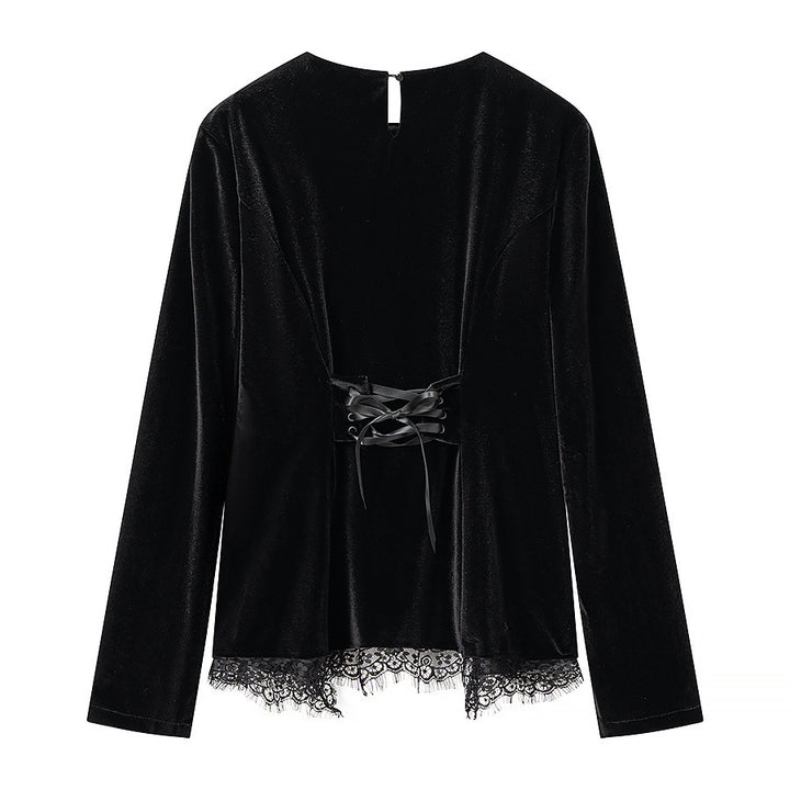 Damen Samtshirt mit asymmetrischem Spitzen-Saum und Schlitzdetail Echo Archiv