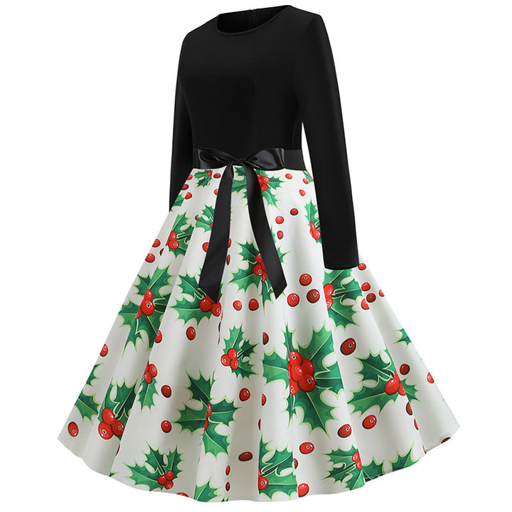 Damen Festliches A‑Linien Tellerrockkleid mit langem Arm, taillierter Passform und Stechpalmenprint – Élara