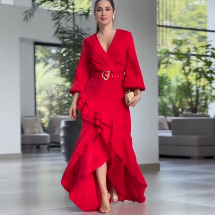 Damen Elegantes Wickel-Maxikleid mit Volants, tailliertem Gürtel & weitem Glockenärmel Echoarchiv