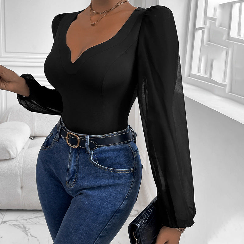 Damen Figurbetontes Body-Top mit herzförmigem Ausschnitt, Puffärmeln und taillierter Silhouette – Bodéline