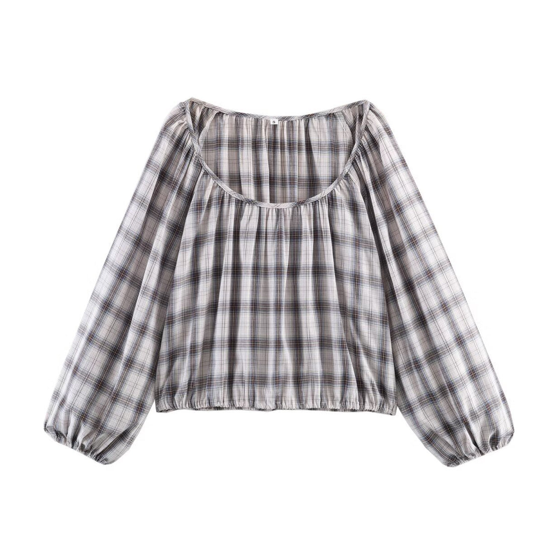 Damen Karierte Carmen‑Bluse mit weitem Ausschnitt, Ballonärmeln und elastischem Saum Echoarchiv