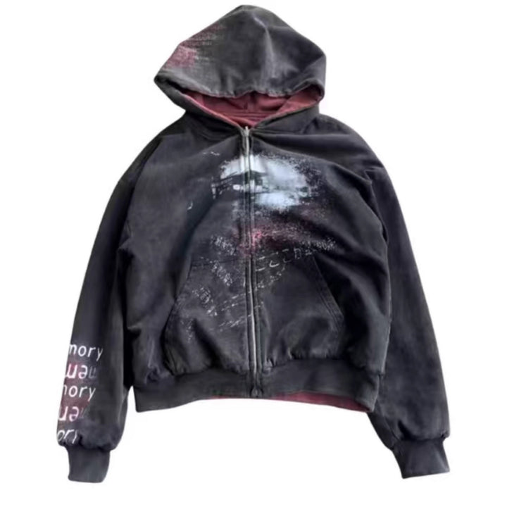 Unisex nan Kapuzenjacke mit durchgehendem Reißverschluss, Used‑Effekt, doppellagiger Kapuze und Ärmeldruck Echo Archiv