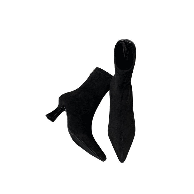 Damen spitz zulaufende Ankle-Boots aus Veloursleder mit sculpted Heel und schmalem Schaft – Varelle