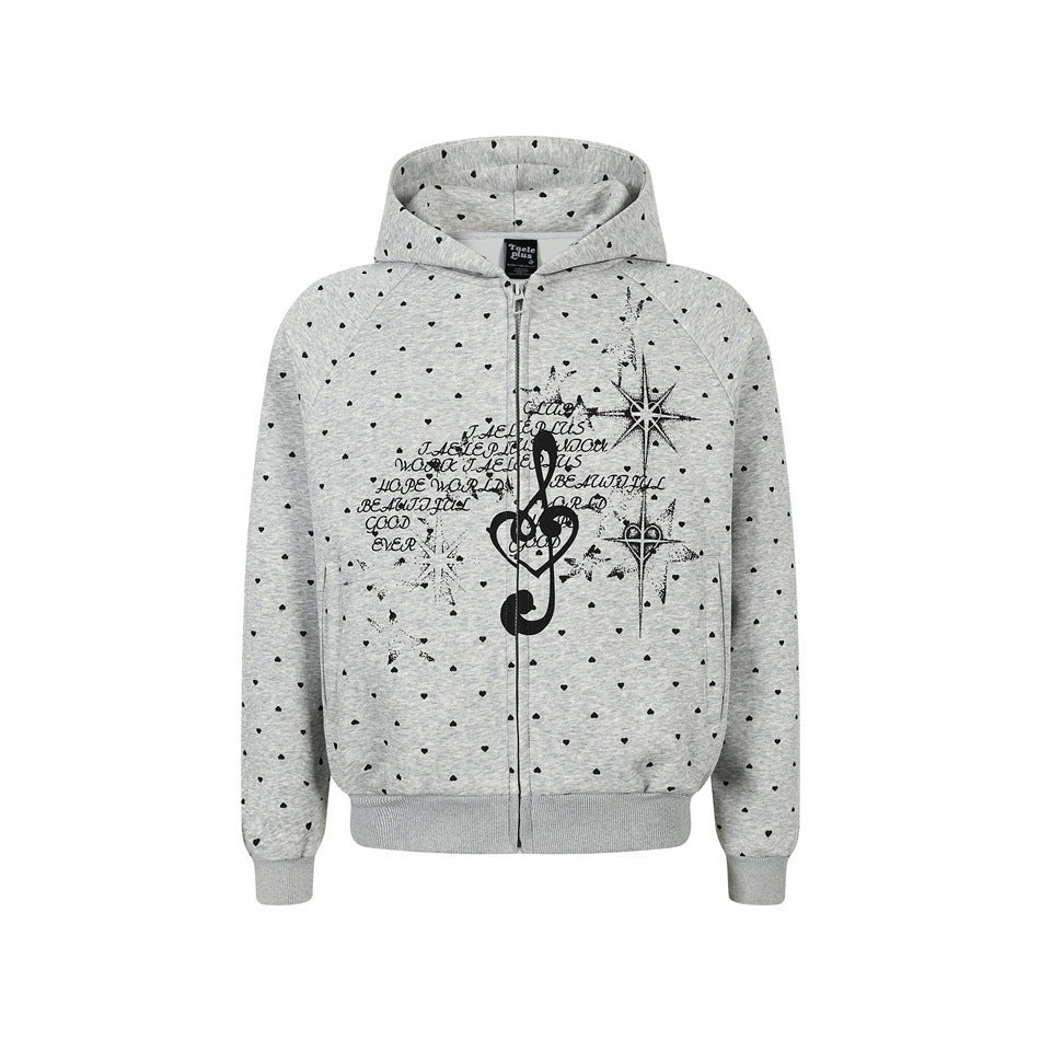 Damen Zip‑Hoodie im Herz-Allover mit Notenschlüssel‑Print und Kängurutaschen Echoarchiv