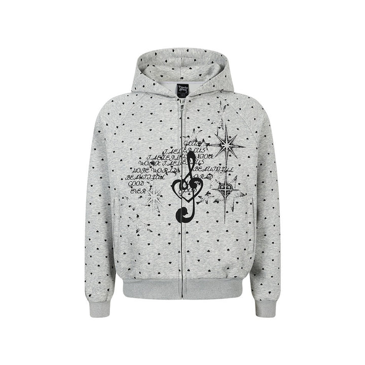 Damen Zip‑Hoodie im Herz-Allover mit Notenschlüssel‑Print und Kängurutaschen Echoarchiv