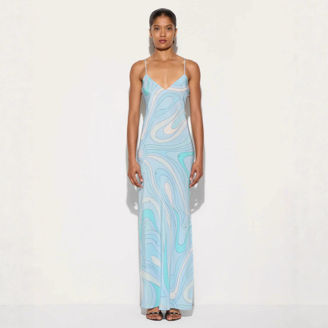 Damen nan elegantes Slip-Maxikleid mit V-Ausschnitt, filigranen Spaghettiträgern und retro-grafischem Allover-Print Echo Archiv