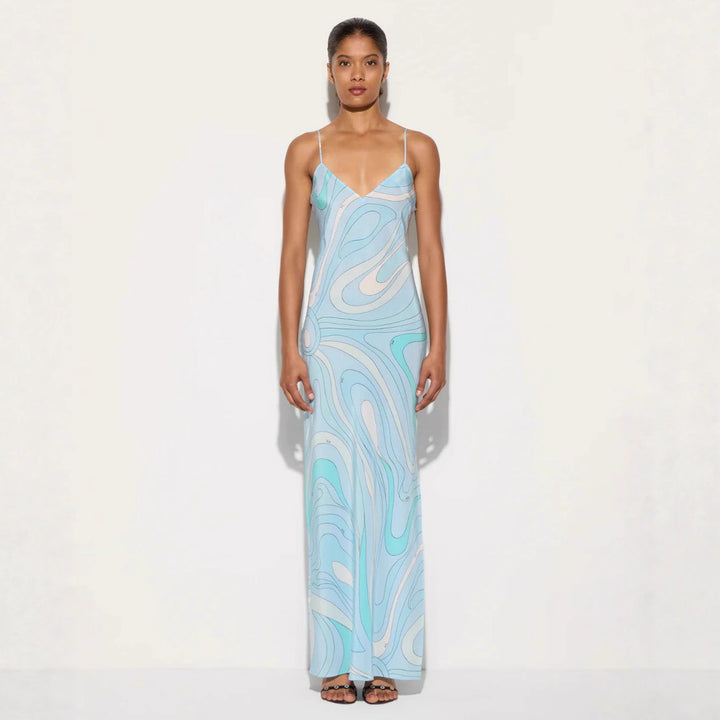 Damen nan elegantes Slip-Maxikleid mit V-Ausschnitt, filigranen Spaghettiträgern und retro-grafischem Allover-Print Echo Archiv