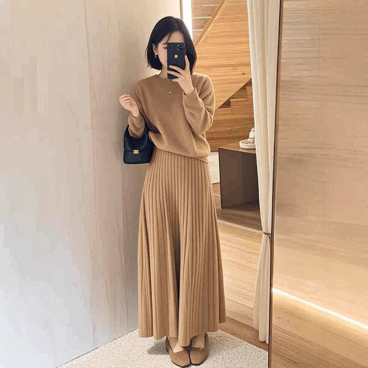 Damen Oversize-Strickpullover und plissierter Maxi-Rock Set Echoarchiv