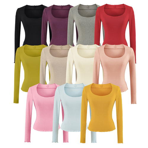 Damen Figurbetontes Langarm-Feinstrickshirt mit quadratischem Ausschnitt und Wellensaum Echoarchiv