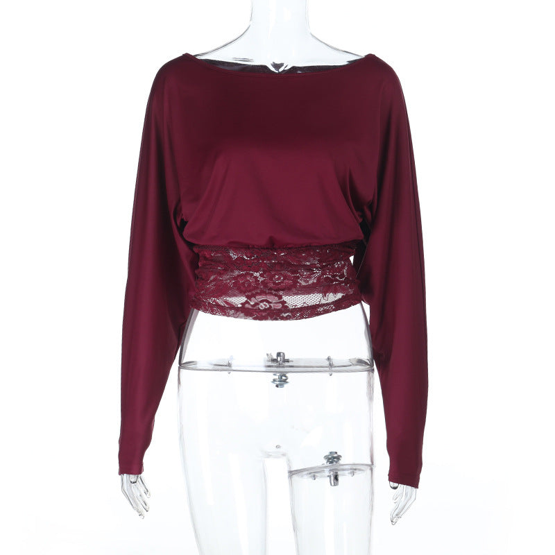 Damen Cropped-Top mit Fledermausärmeln und Spitzen-Taillenband – Avérine