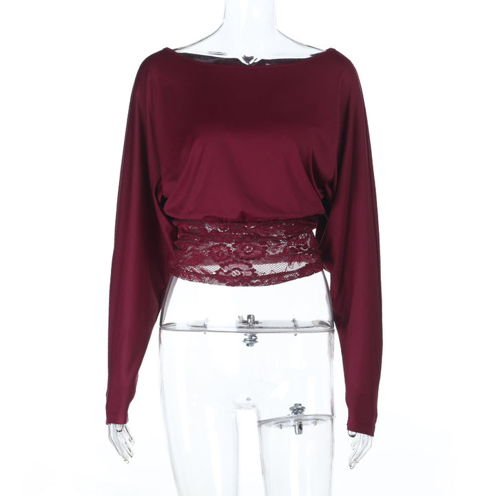 Damen Cropped-Top mit Fledermausärmeln und Spitzen-Taillenband – Avérine