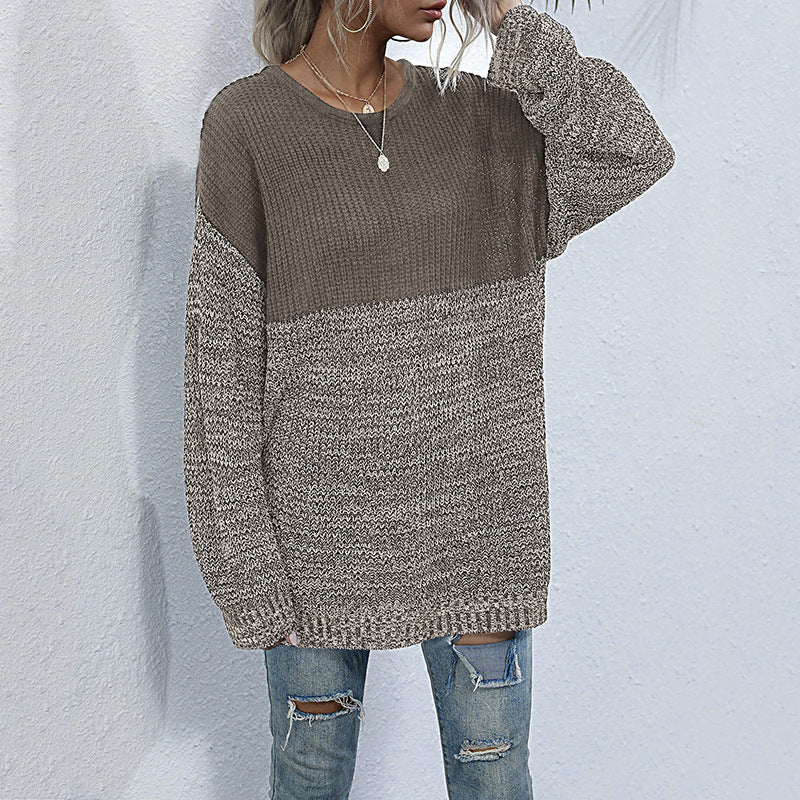 Damen Oversize Strickpullover mit Colorblock-Optik, rundem Ausschnitt und melierter Strukturstrick Echoarchiv