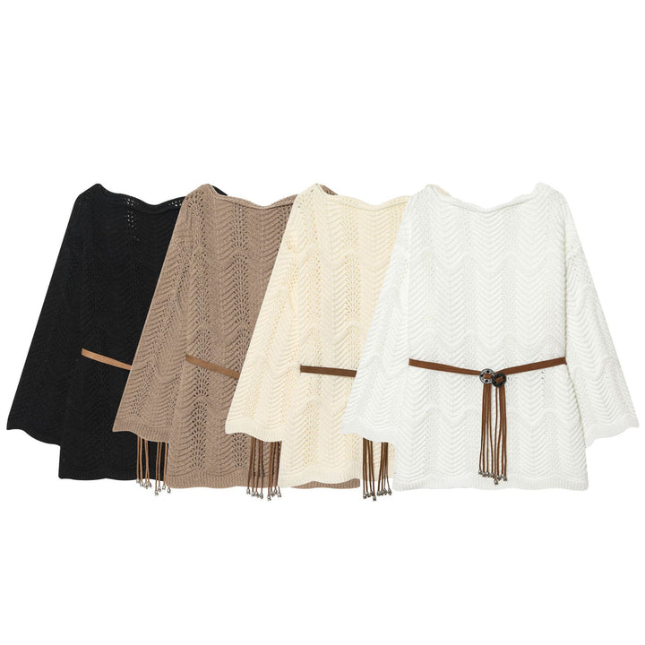 Damen nan gestricktes Poncho-Cape mit dekorativem Lederbandgürtel Echo Archiv