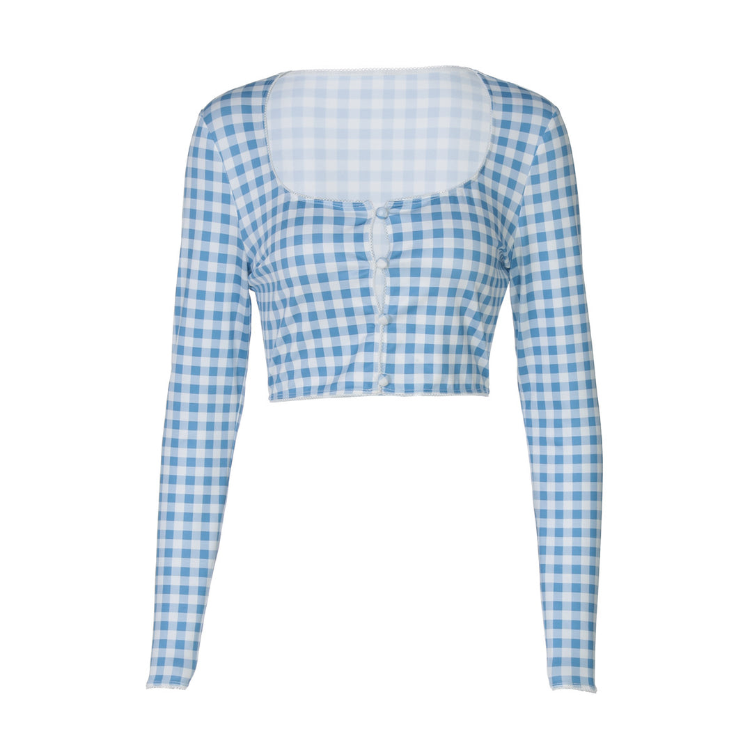 Damen cropped Langarmbluse mit Karomuster Echo Archiv