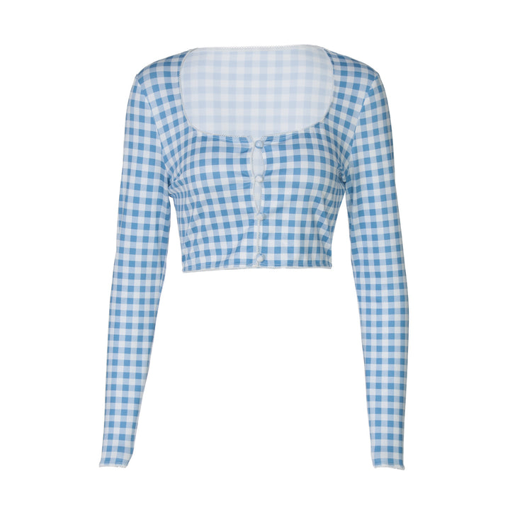 Damen cropped Langarmbluse mit Karomuster Echo Archiv