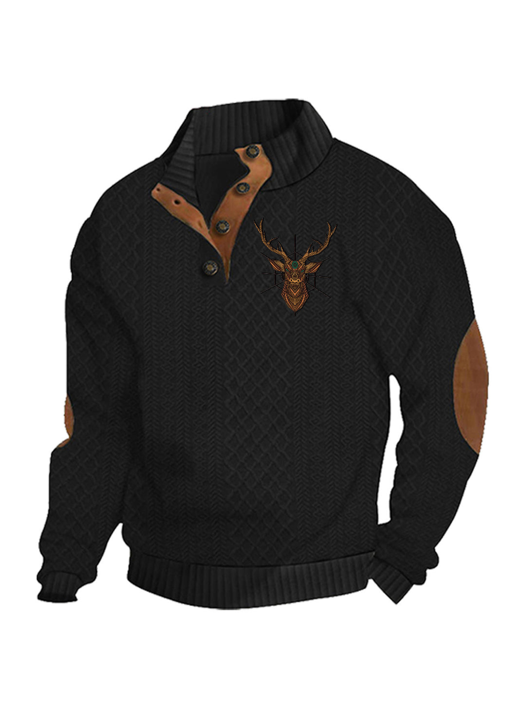 Herren nan Heritage-Strukturpullover mit Stehkragen Lederimitat-Besatz Ellenbogen-Patches und Halbknopfleiste Echo Archiv