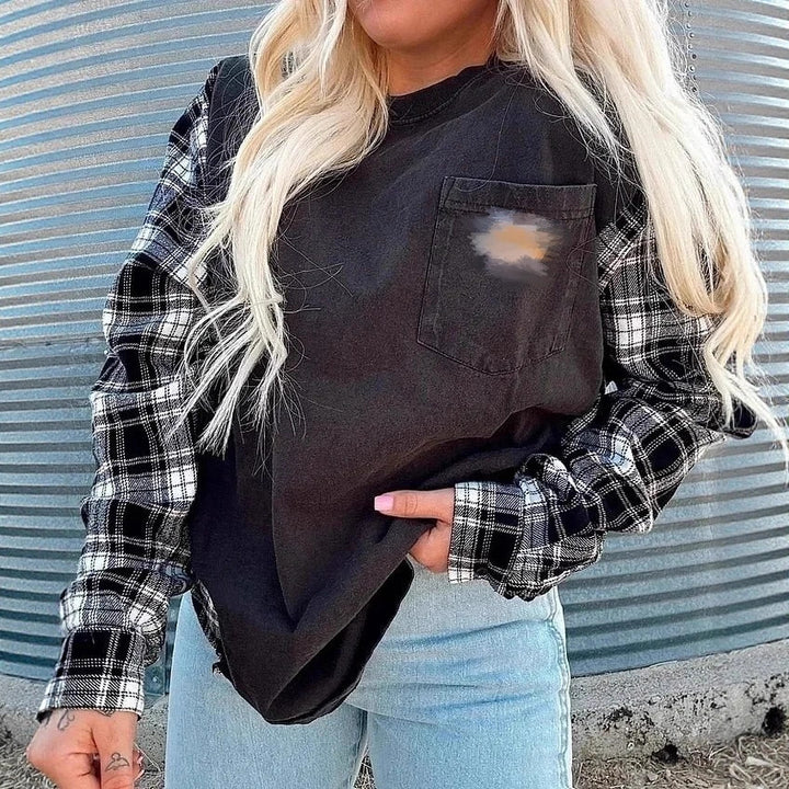 Damen nan Oversize-Sweatshirt im Materialmix mit Karoärmeln und aufgesetzter Brusttasche Echo Archiv