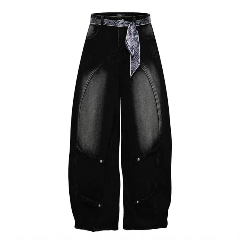 Damen Weite Denim-Culotte mit hohem Bund und Bandana-Gürtel Echoarchiv