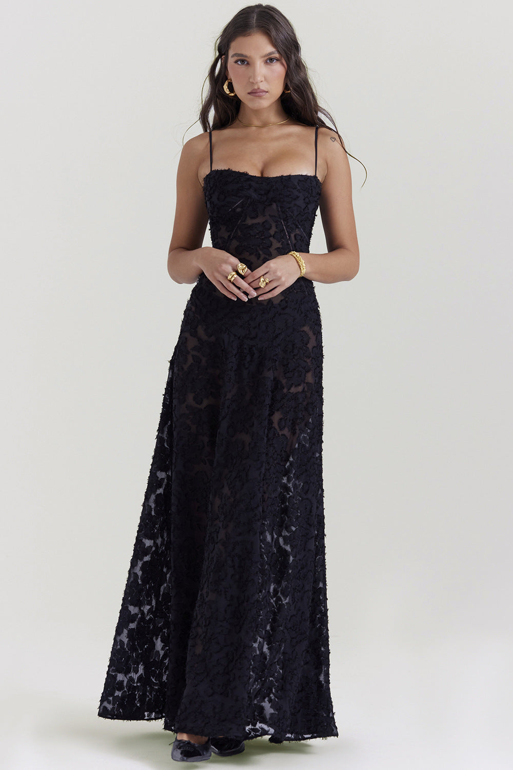 Damen Elegantes Maxikleid mit floralem Häkelmuster und raffiniertem Schnitt Echo Archiv