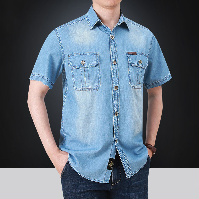 Herren kurzärmeliges Denim-Hemd mit aufgesetzten Taschen Echoarchiv
