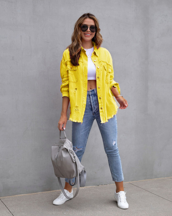 Damen nan oversized Jeanshemdjacke mit ausgefranstem Saum und distressed Details Echo Archiv
