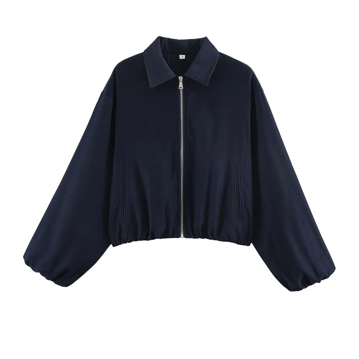 Damen nan Cropped Bomberjacke mit durchgehendem Reißverschluss, weitem Ballonärmeln und elastischem Saum Echo Archiv