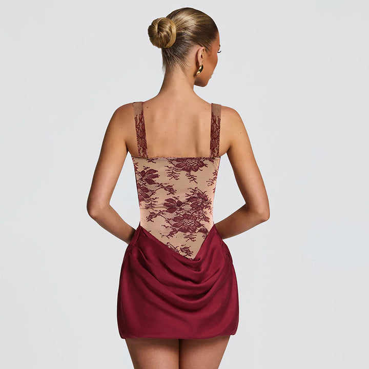 Damen Glamouröses Mini-Kleid mit Spitzen-Oberteil und gerafftem Rock Echo Archiv