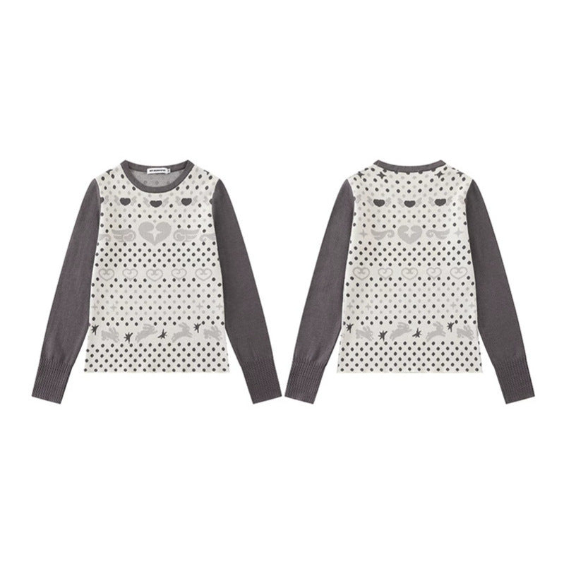 Damen Feinstrick-Pullover mit Jacquard-Motiv, Rundhalsausschnitt und Kontrastärmeln Echoarchiv
